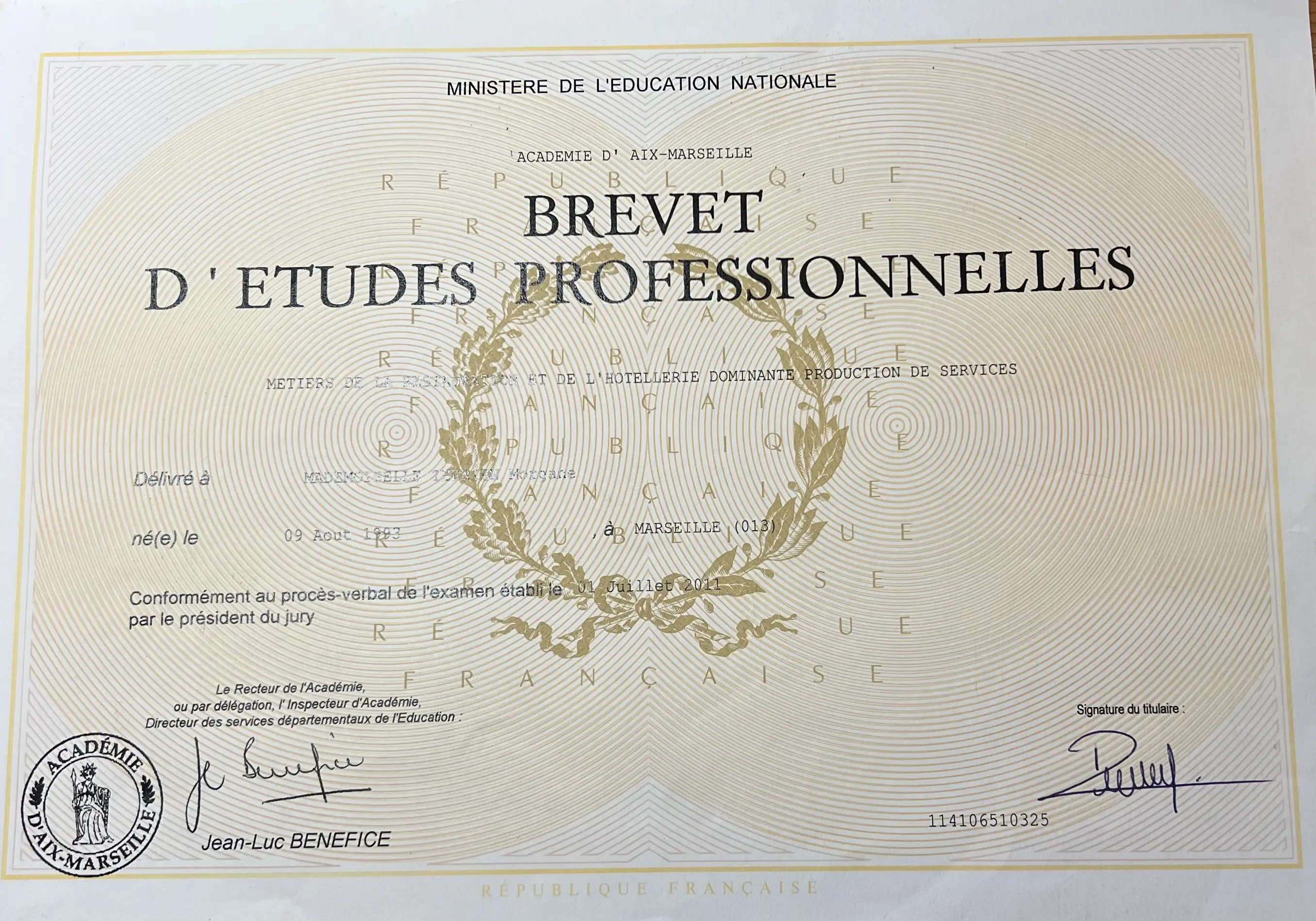 Diplôme Hôtellerie Morgane Zerbone